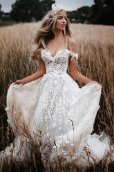 Ivory Tulle Off-the-Shoulder A-line Lace Flowers Beach Wedding Dresses